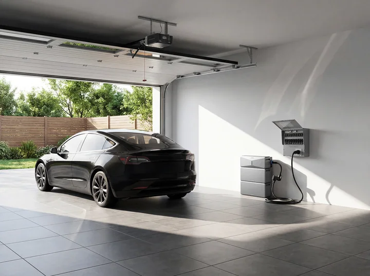 E10 with two batteries beside a separate transfer switch in a garage