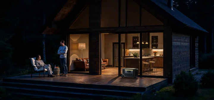 Anker SOLIX F3000 on the terrace of a lit cabin at night.