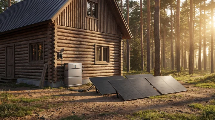 E10 power module with two batteries, solar panels and a separate inlet outside a cabin