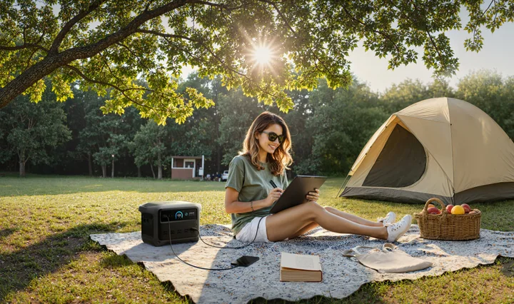 Anker SOLIX C1000 Gen 2 beside a tent, charging a tablet at a campsite