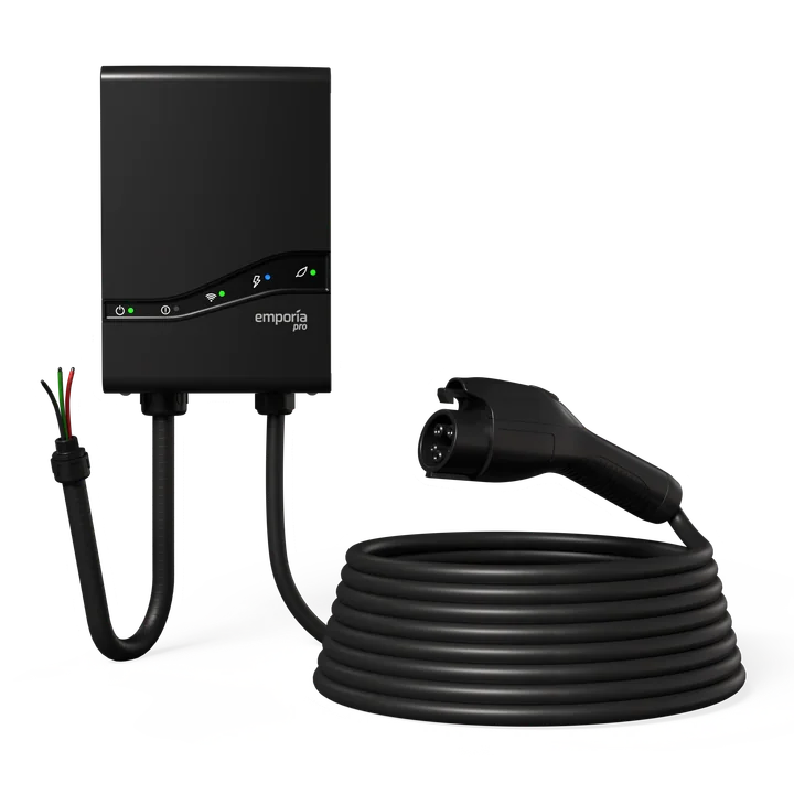 Black Emporia Pro EV charger with J1772 connector and hardwire input.